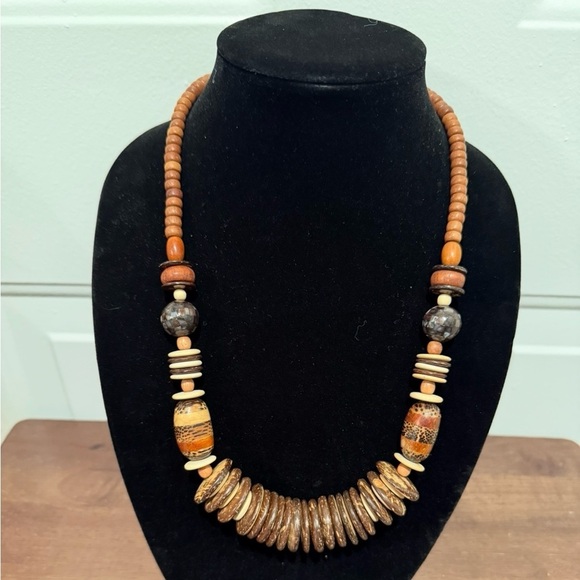 Vintage Wooden Bead Necklace Earrings Chunky Boho Ethnic Natural Wood Discs - Picture 3 of 8